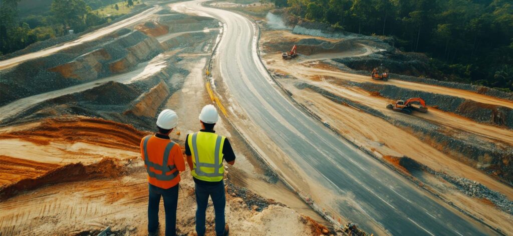 Engenheiros acompanhando obra de construção de estrada.